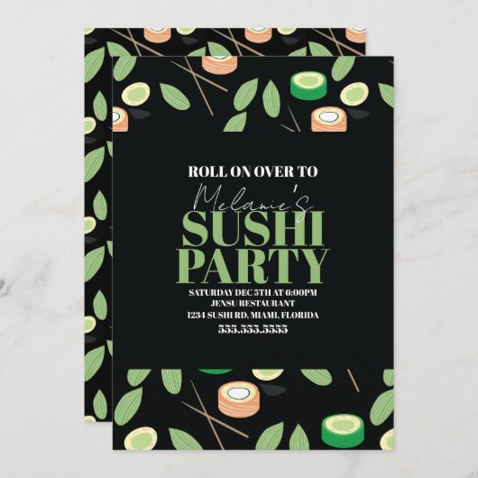 Modern Black Sushi Party Rolls Birthday Name Feestdagenkaart (Voorkant / Achterkant)