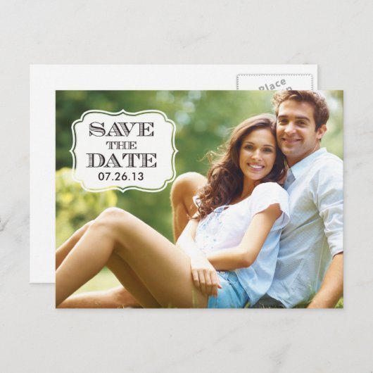 Modern Black Swirl Label Bewaar de datum fotokaart Aankondigingskaart (Voorkant / Achterkant)