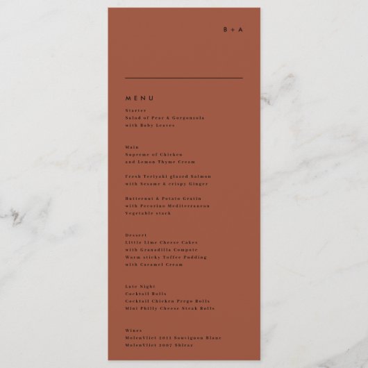 Modern Black Terracotta Stripe Monogram Weddenscha Menu (Voorkant)