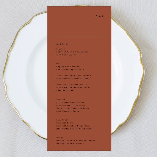 Modern Black Terracotta Stripe Monogram Weddenscha Menu