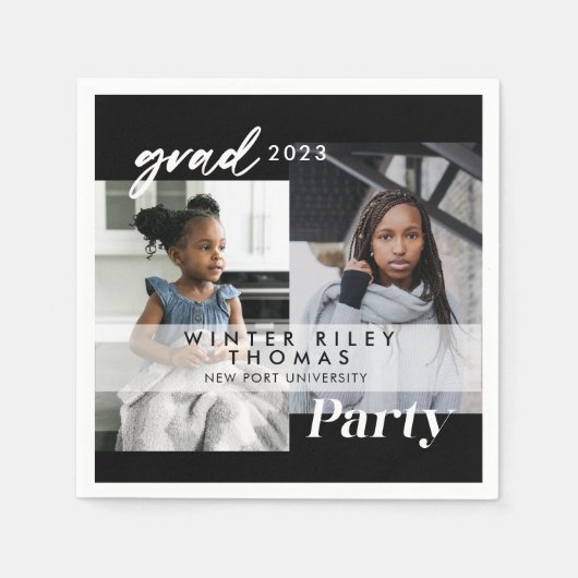 Modern Black then & Now Two Photo Graduparty Servet (Voorkant)