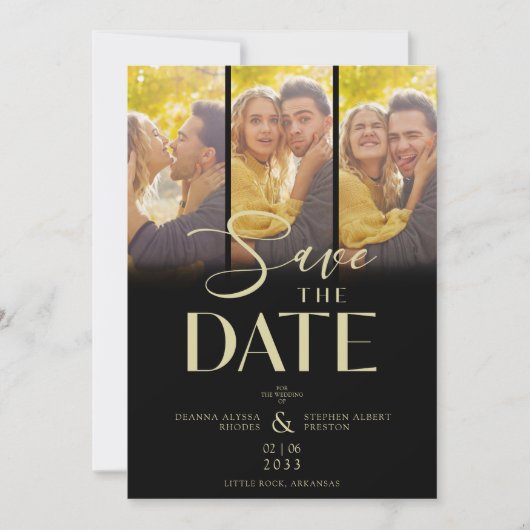 Modern Black Trendy Collage Wedding 3 Photos Save The Date (Voorkant)