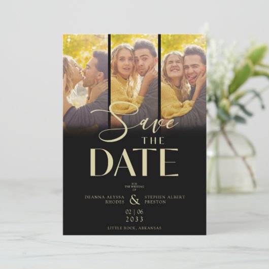 Modern Black Trendy Collage Wedding 3 Photos Save The Date (Staand voorkant)