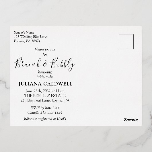 Modern Black Tropical Bridal Brunch & Bubble Gold Folie Uitnodiging Briefkaart (Achterkant)