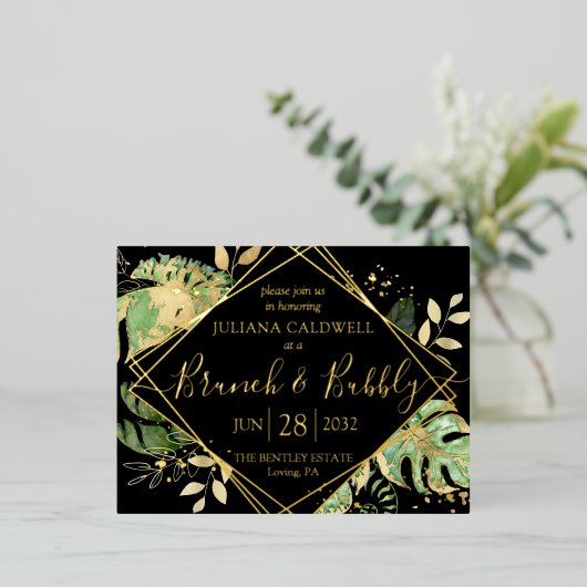 Modern Black Tropical Bridal Brunch & Bubble Gold Folie Uitnodiging Briefkaart (Staand Voorkant)