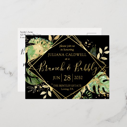 Modern Black Tropical Bridal Brunch & Bubble Gold Folie Uitnodiging Briefkaart (Voorkant / Achterkant)