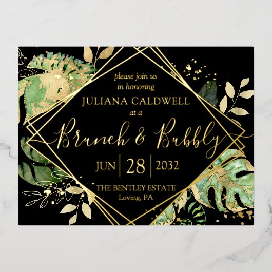 Modern Black Tropical Bridal Brunch & Bubble Gold Folie Uitnodiging Briefkaart (Voorkant)