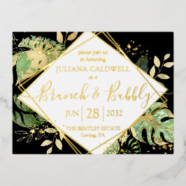 Modern Black Tropical Bridal Brunch & Bubble Gold Folie Uitnodiging Briefkaart