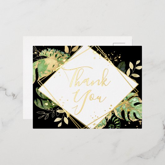 Modern Black Tropical Foliage Weddenschap Bedankt Folie Uitnodiging Briefkaart (Voorkant / Achterkant)