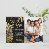 Modern Black Tropical Gold Pineapple Summer Photo Bedankkaart (Staand voorkant)