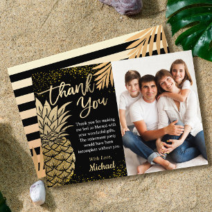 Modern Black Tropical Gold Pineapple Summer Photo Bedankkaart