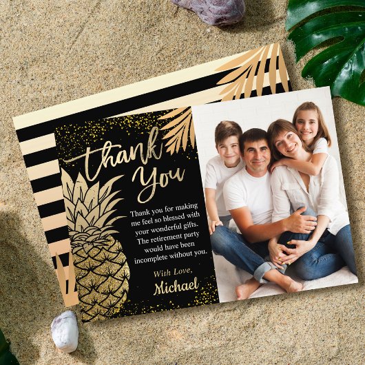 Modern Black Tropical Gold Pineapple Summer Photo Bedankkaart