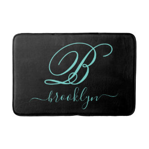 Modern Black Turquoise Handwrited Monogrammed Badmat