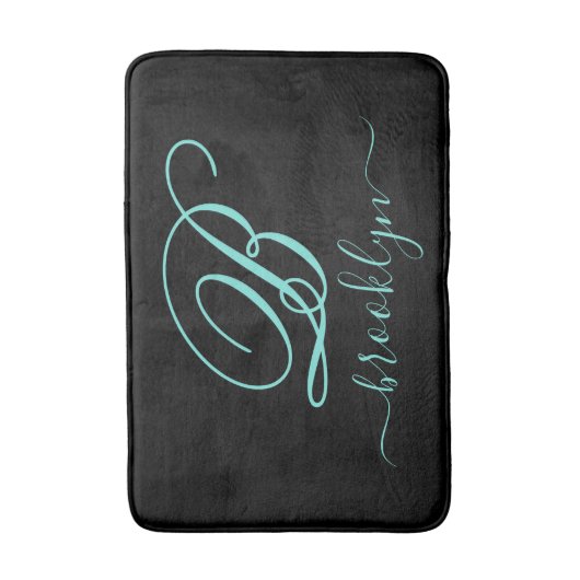 Modern Black Turquoise Handwrited Monogrammed Badmat (Voorkant Verticaal)