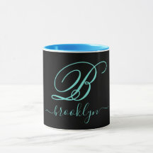 Modern Black Turquoise Handwrited Monogrammed