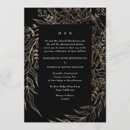 Modern Black Tuxedo Golden Pampas Monogram Wreath Kaart
