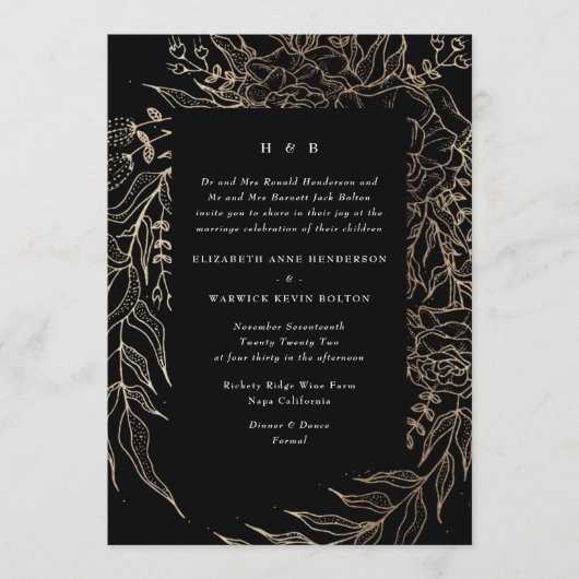 Modern Black Tuxedo Golden Pampas Monogram Wreath Kaart (Voorkant)