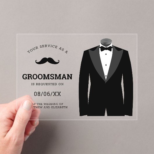 Modern Black Tuxedo Groomsman Request Acryl Uitnodigingen (Insitu (Draagbaar))