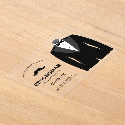 Modern Black Tuxedo Groomsman Request Acryl Uitnodigingen (Laagn)