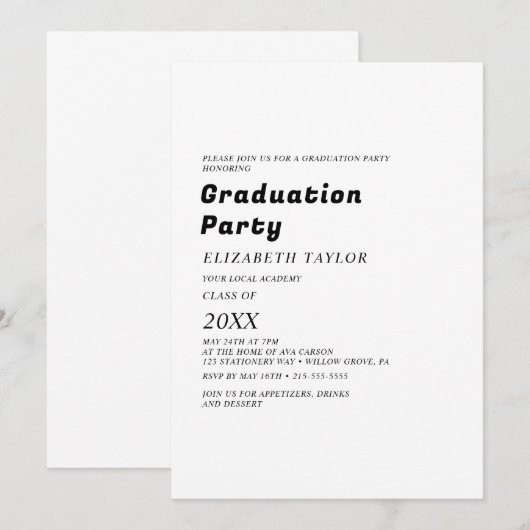 Modern Black Typography Afstudeerder Party Invitat Kaart (Voorkant / Achterkant)