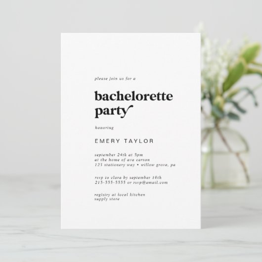 Modern Black Typography Bachelorette Party Kaart (Staand voorkant)