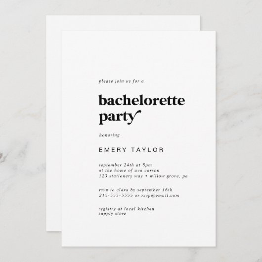 Modern Black Typography Bachelorette Party Kaart (Voorkant / Achterkant)