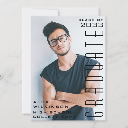 Modern Black Typography Chic Guy Photo Afstuderen Kaart (Voorkant)