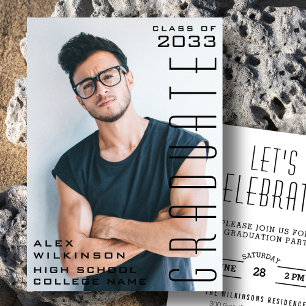 Modern Black Typography Chic Guy Photo Afstuderen Kaart