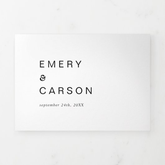 Modern Black Typography Faded Photo Name Wedding Drieluik Uitnodiging (Cover)