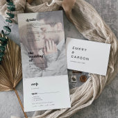 Modern Black Typography Faded Photo Name Wedding Drieluik Uitnodiging