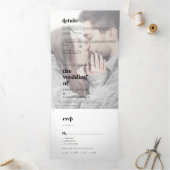 Modern Black Typography Faded Photo Wedding Drieluik Uitnodiging (Binnen)