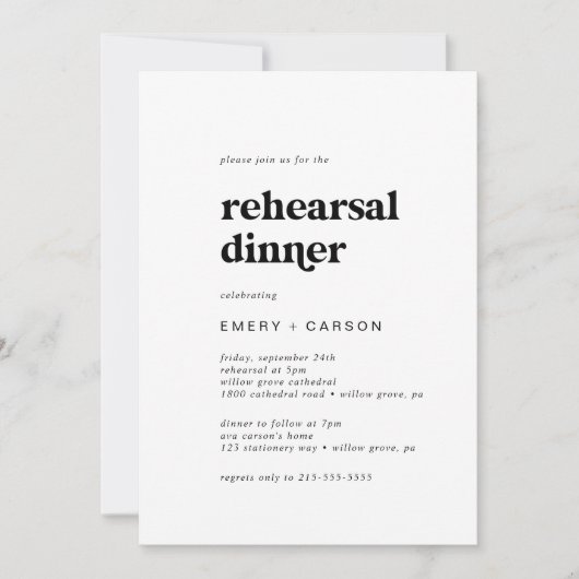 Modern Black Typography Rehearsal Dinner Kaart (Voorkant)