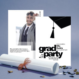 Modern Black Typography & Tassel Grad Party Photo Kaart