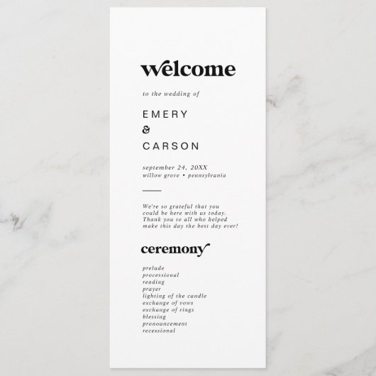 Modern Black Typography Wedding Programme Programmakaart (Voorkant)