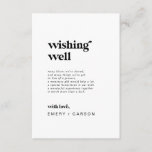 Modern Black Typography Wedding Wishing Well Kaart<br><div class="desc">Deze moderne zwarte typografische bruiloft die een goede kaart wenst, is perfect voor een eenvoudige bruiloft. Het zwarte en witte minimalistische ontwerp is voorzien van een retro maar hedendaagse lettertype met een uniek roestachtig bohemen gevoel. Ideaal voor elk seizoen. Houd het minimaal, zoals is, of voeg uw eigen grafiek en...</div>