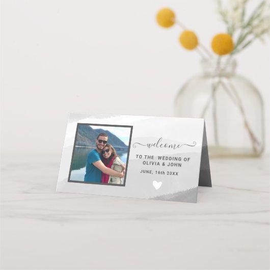 Modern Black Waterverf foto bruiloft gevouwen Plaatskaartje (Voorkant)