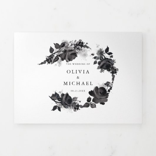 Modern Black Waterverf Roos minimalistisch huwelij Drieluik Uitnodiging (Cover)