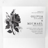 Modern Black Waterverf Roos minimalistisch huwelij Drieluik Uitnodiging (Binnenzijde eerst)