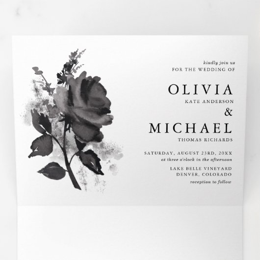 Modern Black Waterverf Roos minimalistisch huwelij Drieluik Uitnodiging (Binnenzijde eerst)
