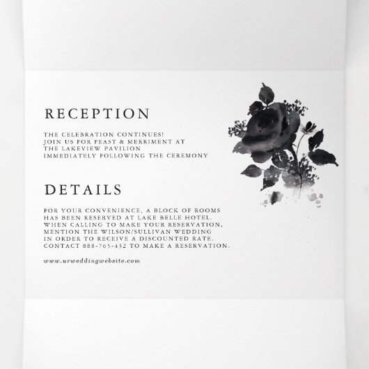 Modern Black Waterverf Roos minimalistisch huwelij Drieluik Uitnodiging (Binnenkant midden)