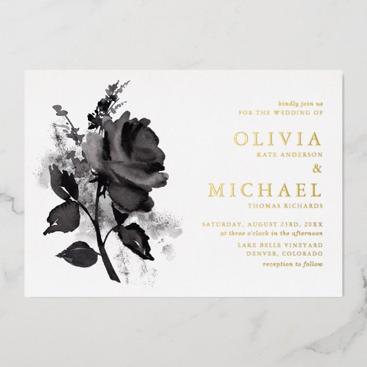 Modern Black Waterverf Roos minimalistisch huwelij Folie Uitnodiging (Voorkant)