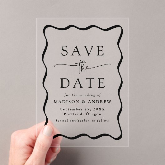 Modern Black Wavy Lijst Wedding Save the Date Acryl Uitnodigingen (Insitu (Draagbaar))