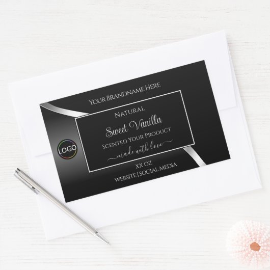 Modern Black Wavy Silver met Logo-productetiketten Rechthoekige Sticker (Envelop)