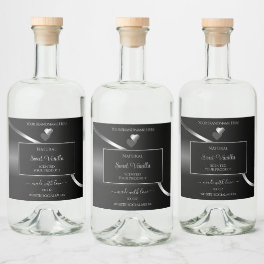 Modern Black Wavy Silver Schattige Hearts Product Likeurfles Etiket (Flessen)