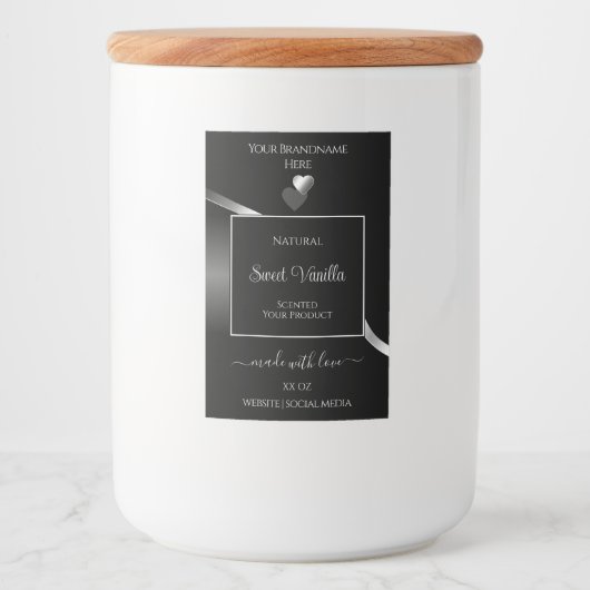 Modern Black Wavy Silver Schattige Hearts Product Voedselcontainer Etiket (Voorkant)