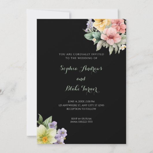 Modern Black Wedding Invitation & Pastel Flowers Kaart (Voorkant)