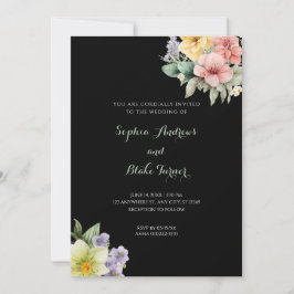 Modern Black Wedding Invitation & Pastel Flowers Kaart