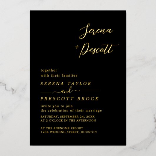 Modern Black Wedding Real Folie Uitnodiging (Voorkant)