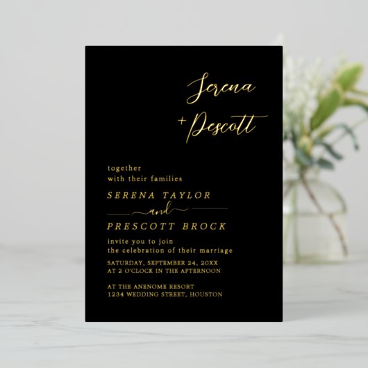 Modern Black Wedding Real Folie Uitnodiging (Staand Voorkant)