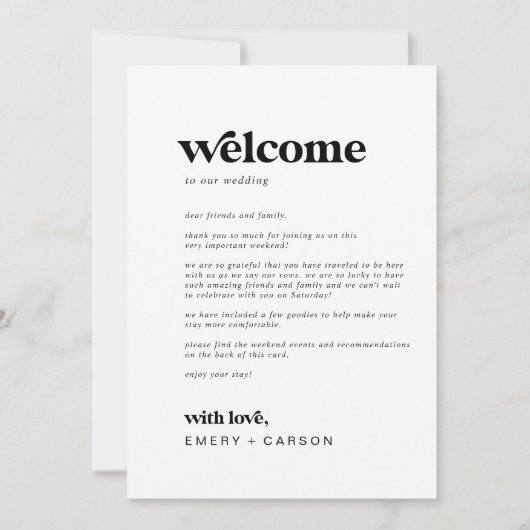 Modern Black Wedding Welcome Letter & Itinerary (Voorkant)